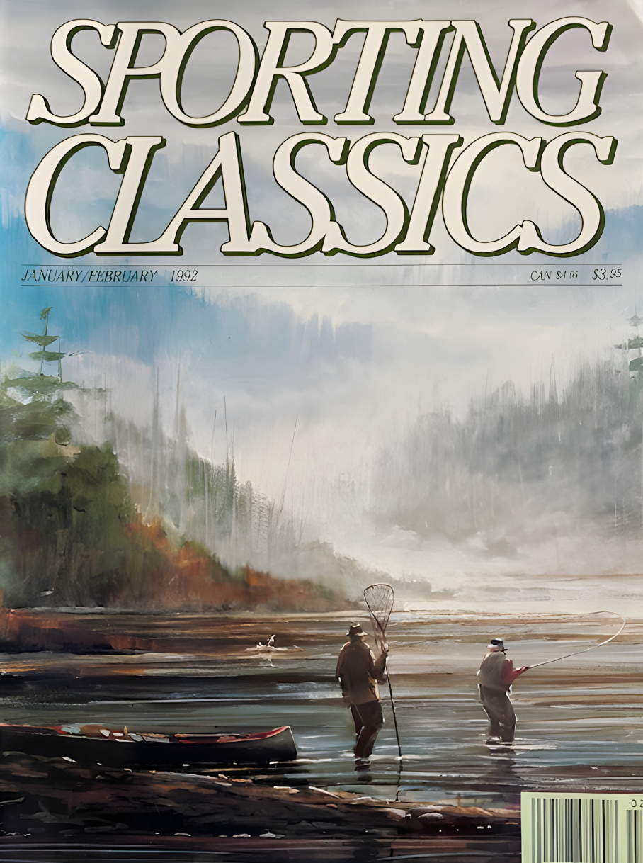 Sporting Classics magazine cover featuring two fishermen wading in a misty river, a canoe on the shore, and a serene natural landscape, reflecting outdoor sporting adventures.