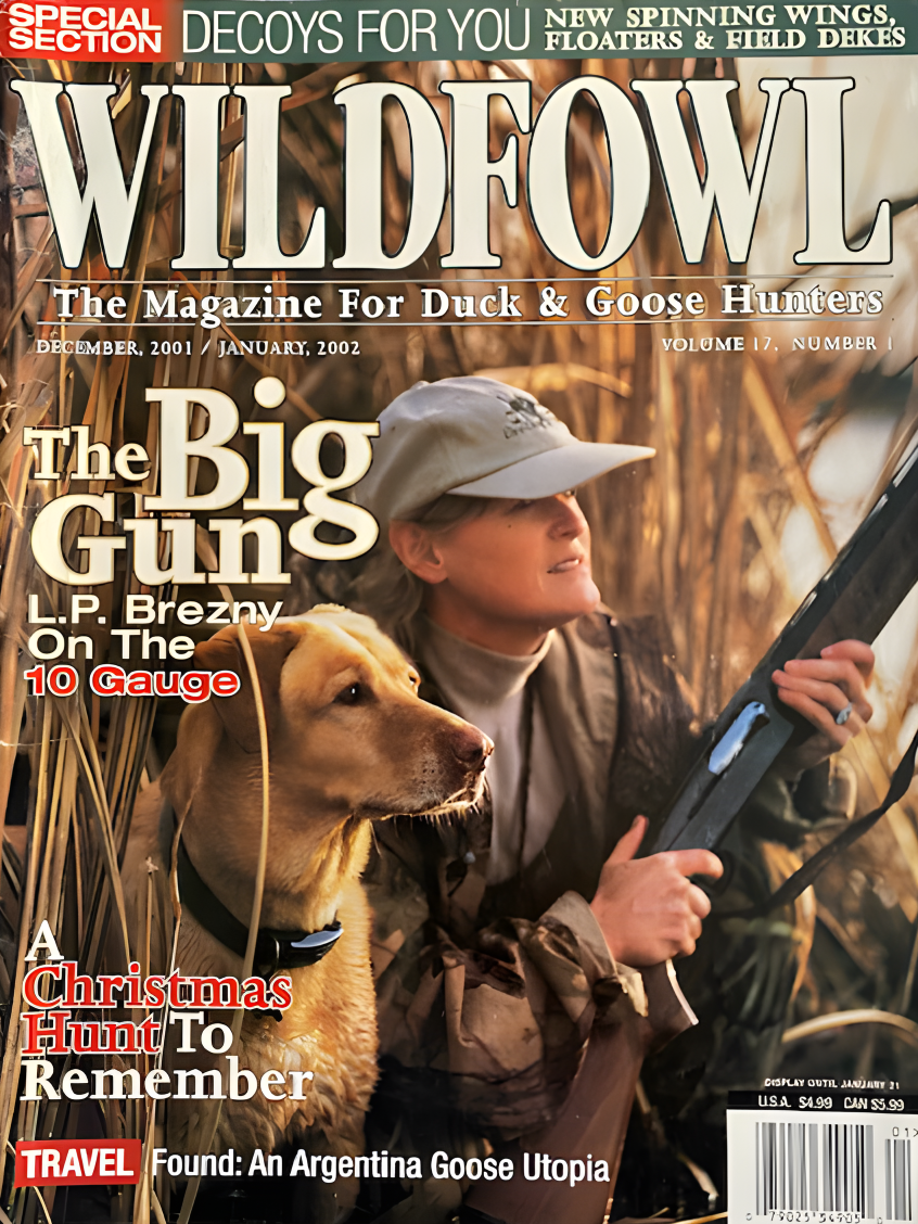 Wildfowl magazine cover featuring a woman in camouflage holding a shotgun, accompanied by a yellow Labrador retriever, set against a backdrop of tall grass, highlighting upland goose hunting in Argentina.