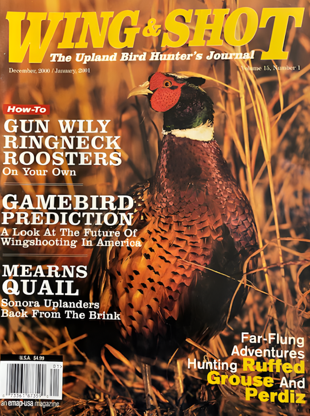 Cover of "Wing & Shot" magazine featuring a colorful pheasant in tall grass, with text highlighting hunting topics such as "Gun Wily Ringneck Roosters" and "Hunting Rufffed Grouse and Perdiz."