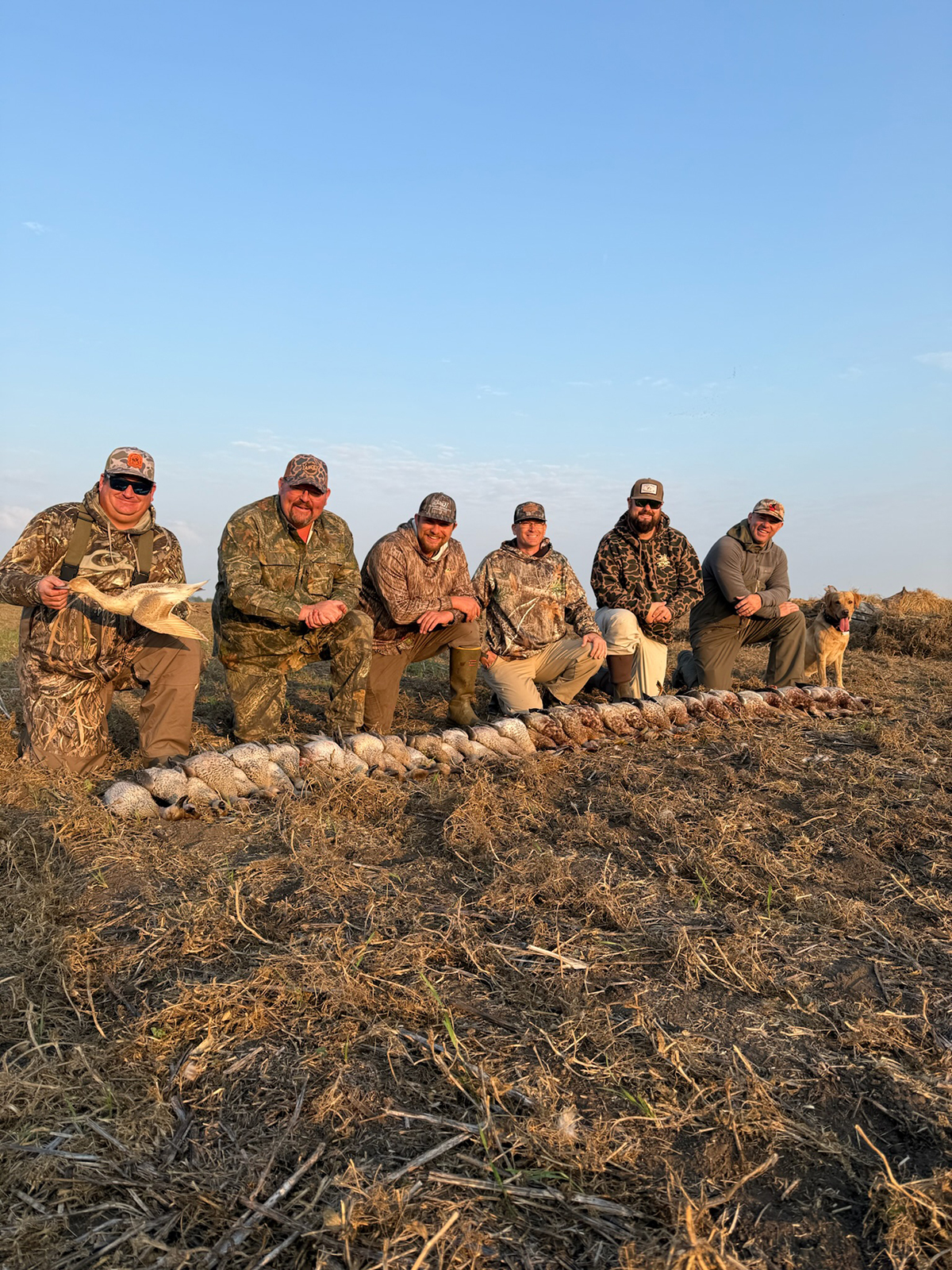 Group of hunters in camouflage attire posing with harvested waterfowl, including ducks and geese, on a prairie landscape, celebrating a successful waterfowl hunting trip in Canada.