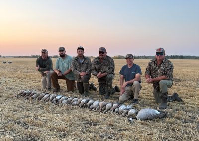 Hunters posing in a harvested field with a successful waterfowl hunt display, featuring a variety of geese and ducks in front of them, showcasing the Alberta hunting experience.