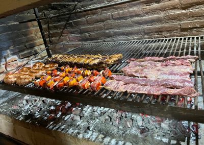 Argentine asado featuring various meats and vegetables grilling over charcoal, showcasing a traditional culinary experience at Estancia La Emilia.