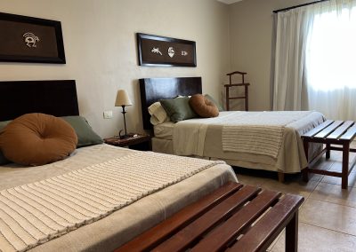 Cozy guest room at Estancia La Emilia featuring two twin beds, wooden furniture, and natural light, ideal for relaxing after a day of pigeon and dove hunting adventures.