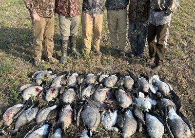 Hunters in camouflage standing beside a pile of harvested snow geese and ducks, showcasing a successful waterfowl hunting experience in Saskatchewan.