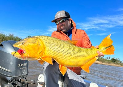 Angler holding large Golden Dorado fish on boat at Don Joaquín River Lodge in Argentina