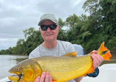 Angler holding a large Golden Dorado fish on a riverboat in Argentina