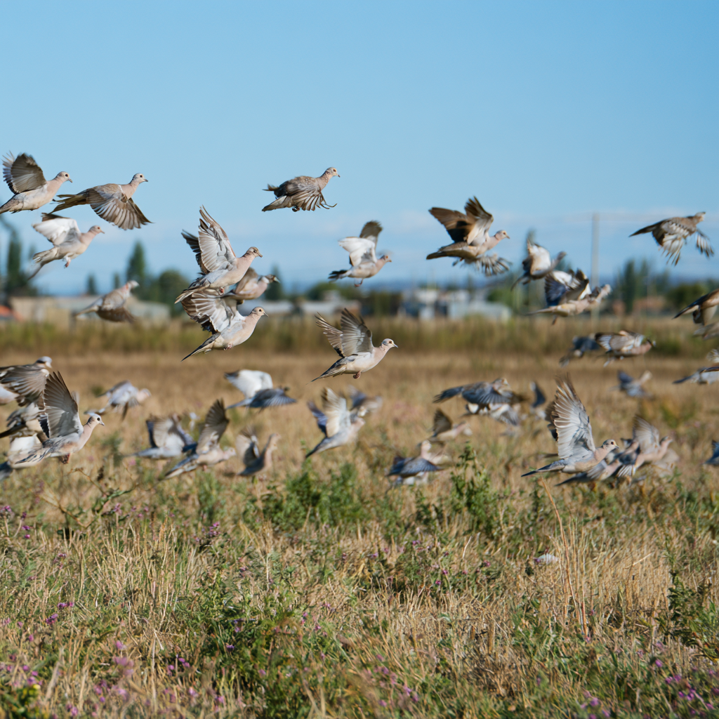 Image of a flock of doves in a field